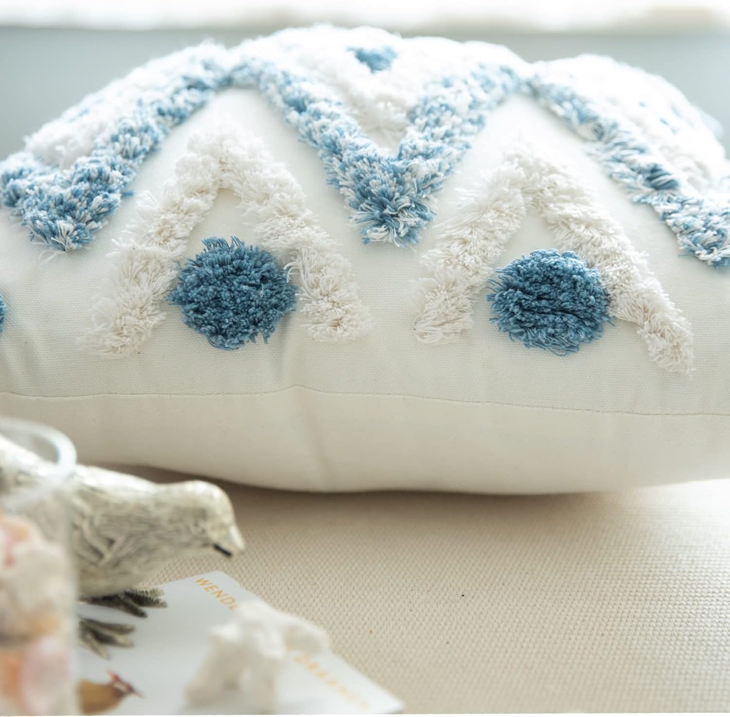 Set of 2 18x18 Inch Blue Cotton Woven Boho Throw Pillow Covers, Tufted Decorative Square Pillowcases Covers with Tassels for Couch Sofa Bed, Living Room Sofa, Farmhouse, 18x18 Inch Blue(2 pcs)